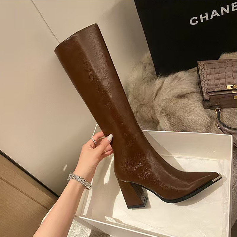 采采乐希时装靴粗跟尖头骑士靴