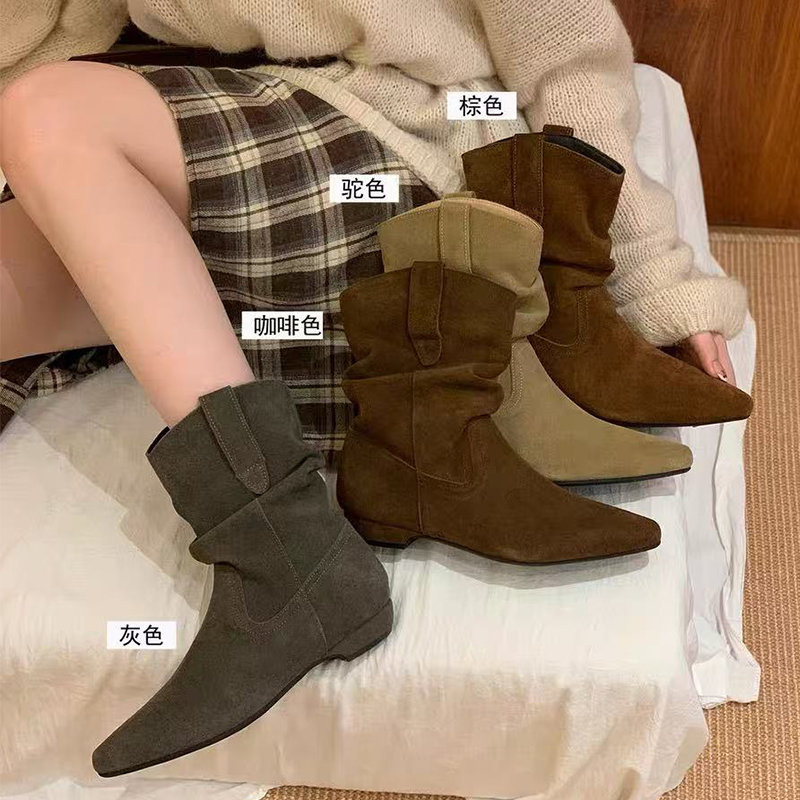 复古坡跟尖头短靴女2025年新款西部牛仔堆堆靴显瘦V口百搭瘦瘦靴 - 封面