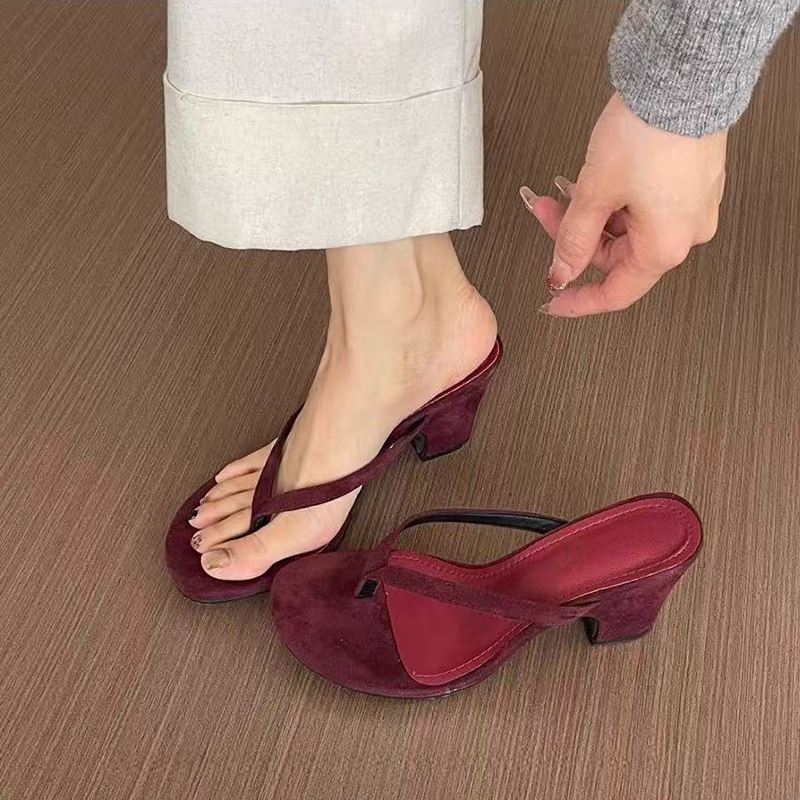 采采樂希手工女鞋性感簡約人字拖女氣質(zhì)顯瘦異形跟粗跟外穿涼拖鞋