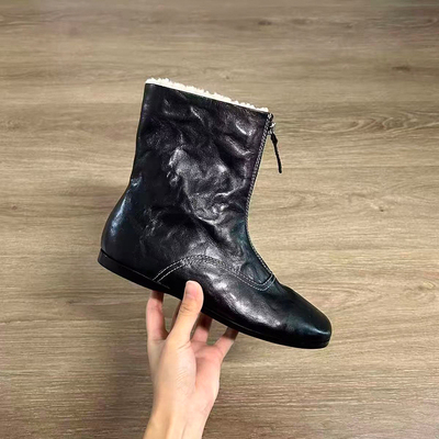 采采乐希平底圆头两穿加绒短靴女