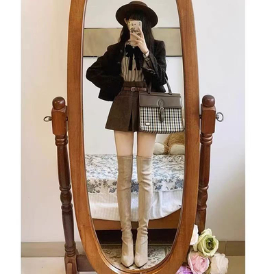 采采乐希粗跟尖头绒面过膝长靴女