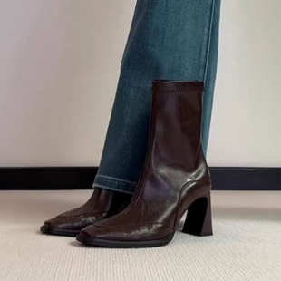 森屿海巷 高跟弹力软皮瘦瘦靴单靴方头后拉链小众粗跟气质短靴女