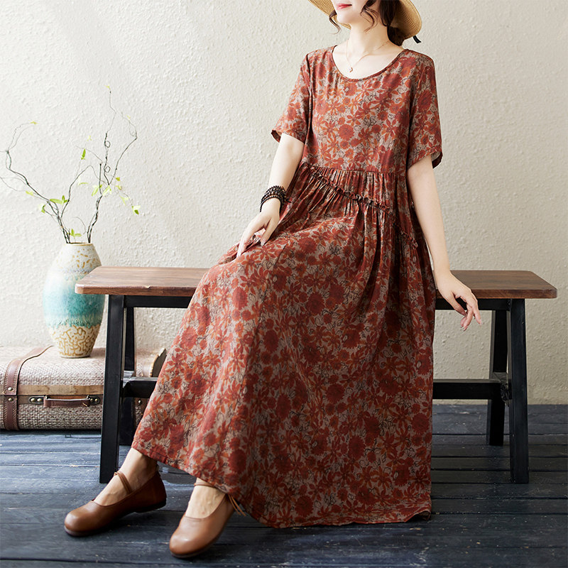 高端减龄原创潮薄棉麻袍子连衣裙大码显瘦女宽松碎花拼接圆领长裙