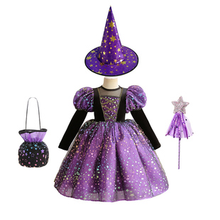 圣诞节儿童连衣裙女巫婆表演蓬蓬公主裙女童网纱星星印花恶魔礼服