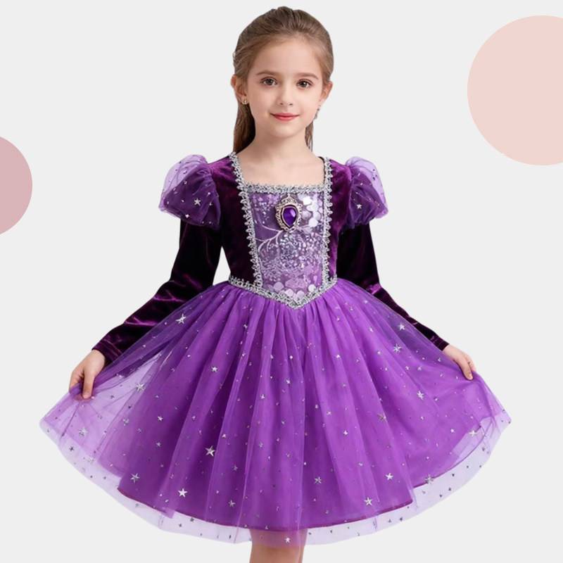 女童丝绒长袖公主连衣裙紫色洋气