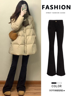 黑色高腰微喇牛仔裤女冬季加绒小个子弹力修身显瘦显高马蹄喇叭裤