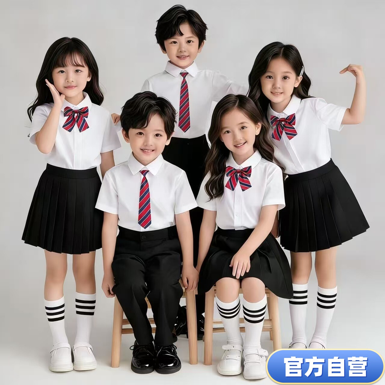 六一儿童表演出服白衬衫短袖男女童衬衣黑裤女童小学生毕业照班服