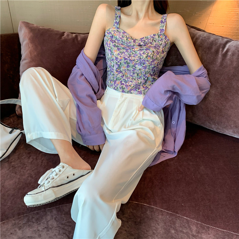 港风时尚套装2020夏季韩版女装新款碎花吊带+防晒衬衫+高腰阔腿裤