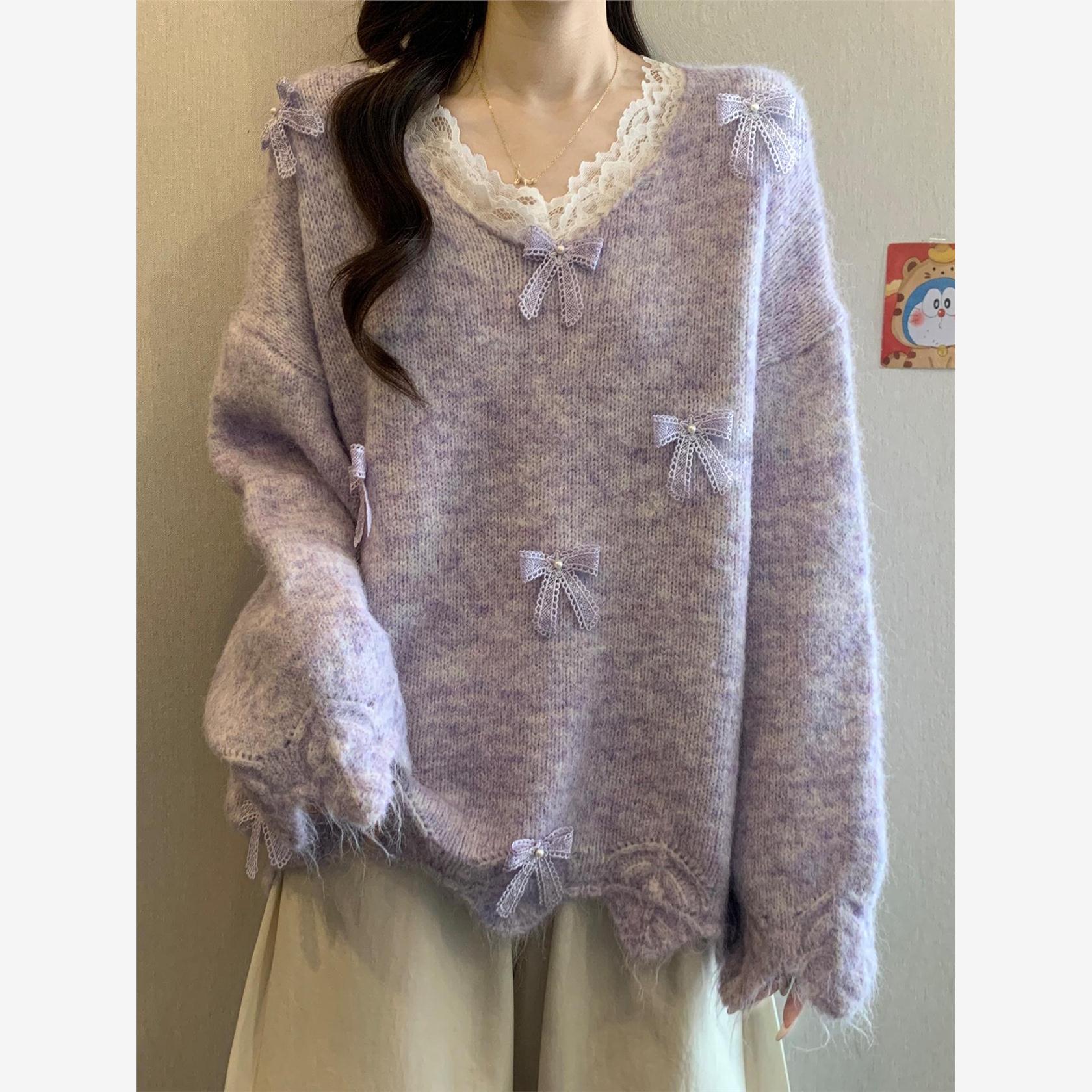 紫色花边V领蝴蝶结针织衫