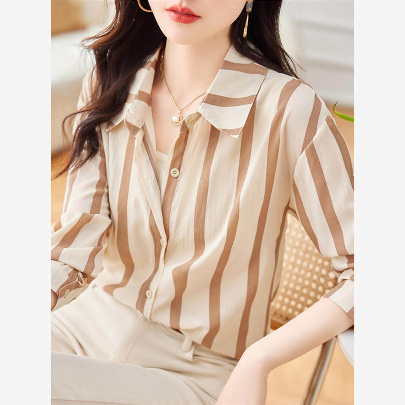 条纹雪纺衬衫女士装夏季2025年新款春秋洋气上衣时尚小衫长袖衬衣