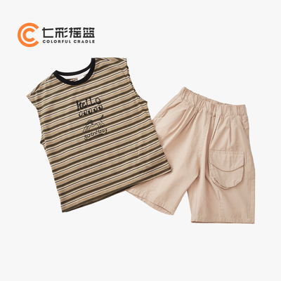 七彩摇篮夏季无袖套装复古条纹休闲时尚短裤套 1KB52803D