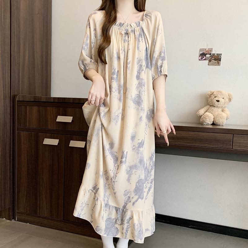 棉绸睡裙女春夏薄款短袖加长裙子空调服长裙宽松大码连衣裙绵绸裙