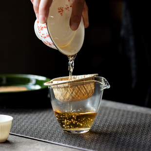 中式复古手工竹编茶漏 双耳网纱滤网过滤清澈茶汤茶道零配