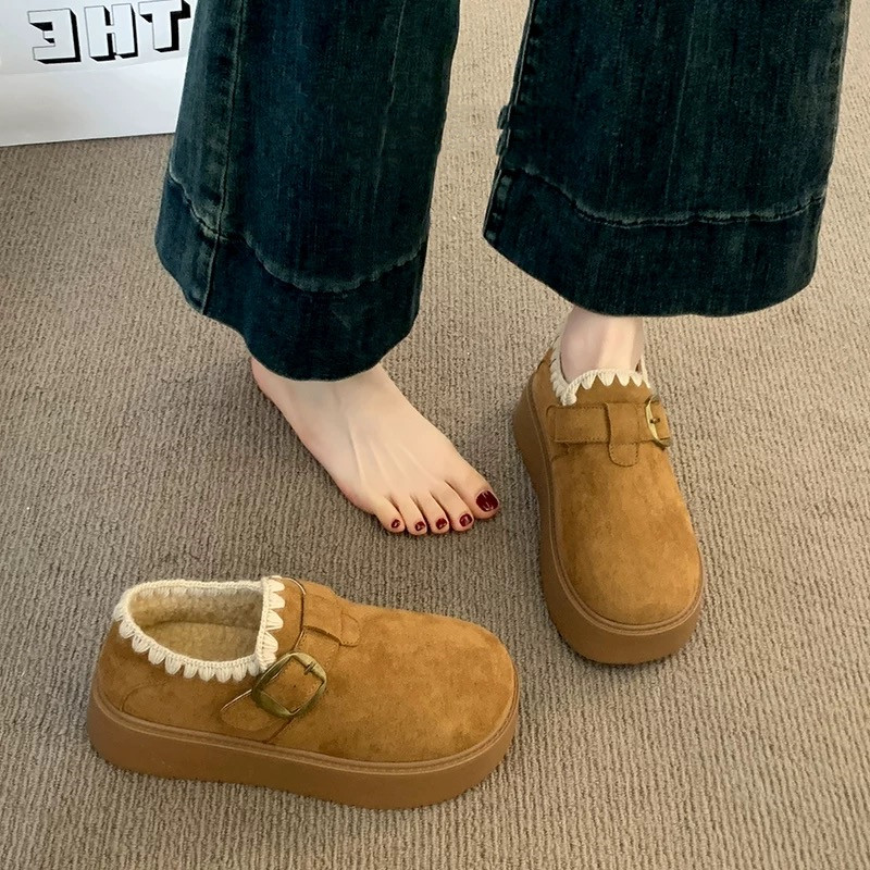 厚底加绒勃肯鞋女2025新款秋冬季豆豆乐福鞋保暖雪地靴低帮棉鞋子