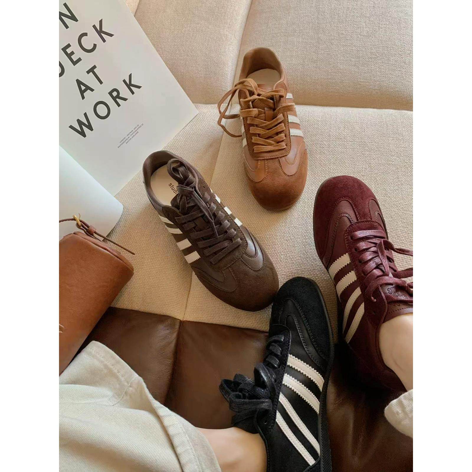 增高5cm~ 圆头系带运动拼接加绒里休闲德训板鞋女