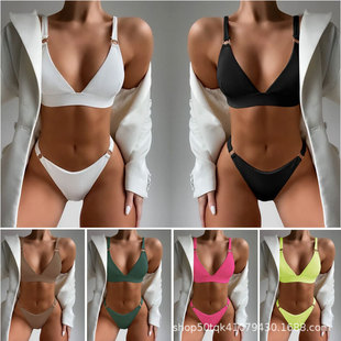 欧美速卖通外贸纯色分体泳衣带胸垫三角bikini游泳装 比基尼