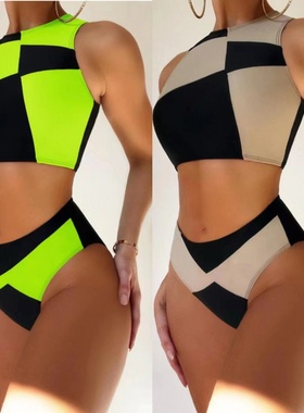 Women's High-Waisted Two-Piece Bikini欧美高腰分体比基尼泳衣