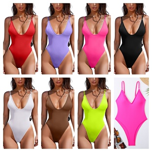 Solid Neck Color One Bikini 深V纯色露背连体泳衣Deep Piece