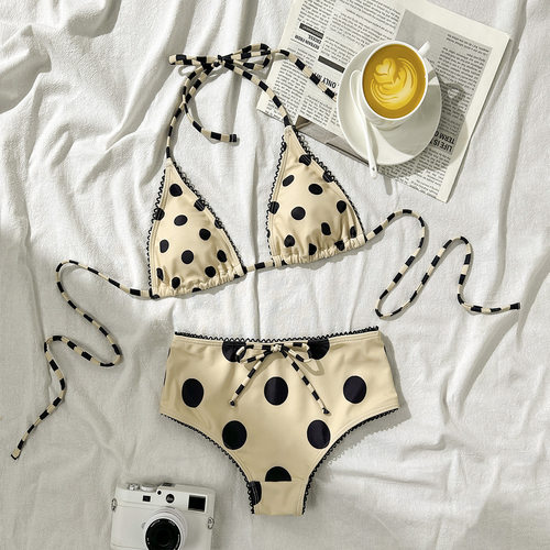 米色挂脖系带比基尼两件套Halter tie two-piece swimsuit bikini