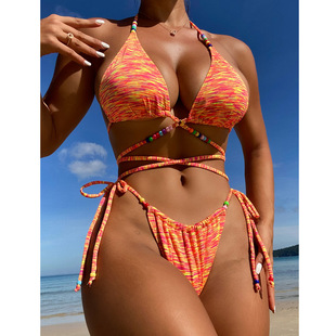 2023新款 比基尼花色印花三角沙滩bikini 欧美交叉绑带三点式
