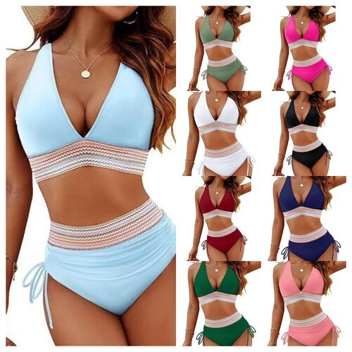 欧美深V高腰系带分体泳衣Deep V high-waisted two-piece bikini
