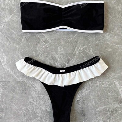 纯色抹胸荷叶边两件套泳衣女bandeau ruffled two piece swimsuit