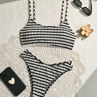 吊带抹胸比基尼欧美ins网红博主条纹分体泳衣沙滩显瘦泳装 bikini