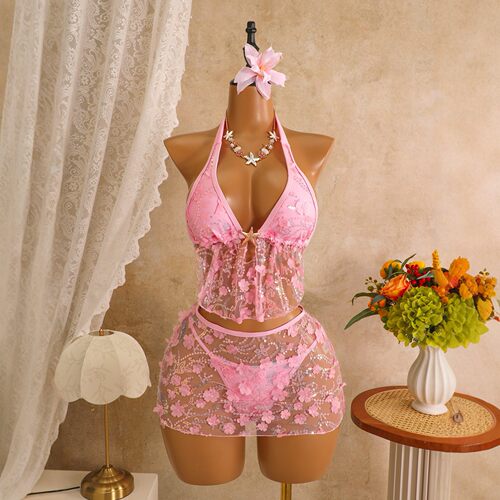 网纱挂脖三件套比基尼Mesh Halter Three-piece Bikini Swimsuit