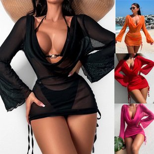 比基尼三件套罩衫 网纱游泳亚马逊bikini速卖通多色欧美分体泳衣性