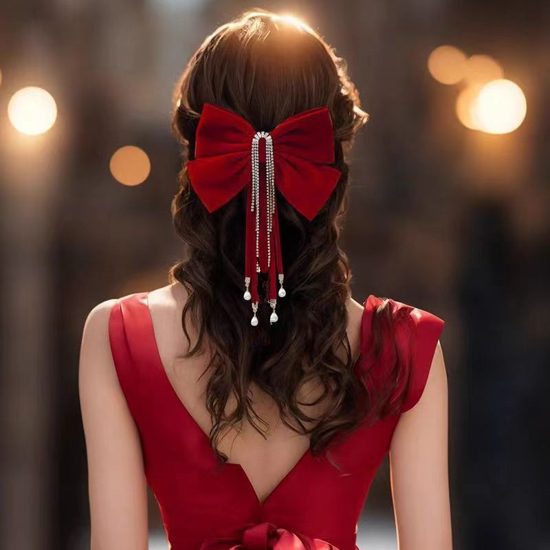敬酒服头饰新娘2023新款酒红色丝绒大蝴蝶结在逃公主订婚发夹