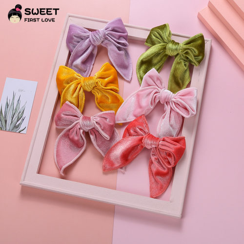 秋冬新款欧美纯色手工布艺蝴蝶结发夹女燕尾蝶边夹天鹅绒马尾夹