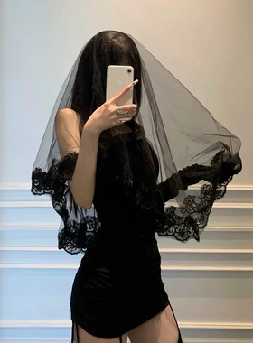 黑色蕾丝头纱万圣节cos哥特圣母玛利亚吸血鬼新娘配头饰鬼新娘