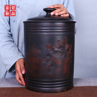 B25 10饼茶缸 云南建水紫陶家用直筒15斤装 米缸面粉储物密封罐缸9