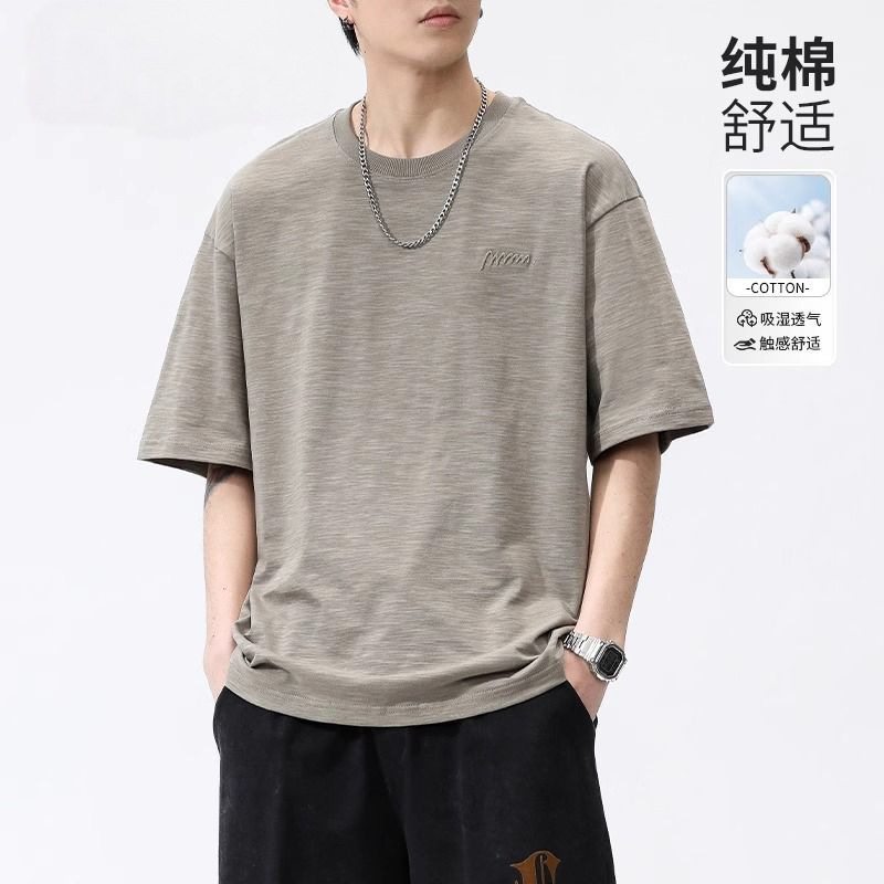 竹节棉t恤短袖男士夏季2025新款纯棉薄款男生圆领宽松百搭上衣服