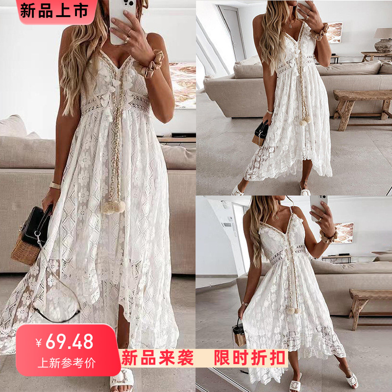 新款蕾丝吊带大摆连衣裙纯色长裙礼服沙滩罩衫比基尼外搭