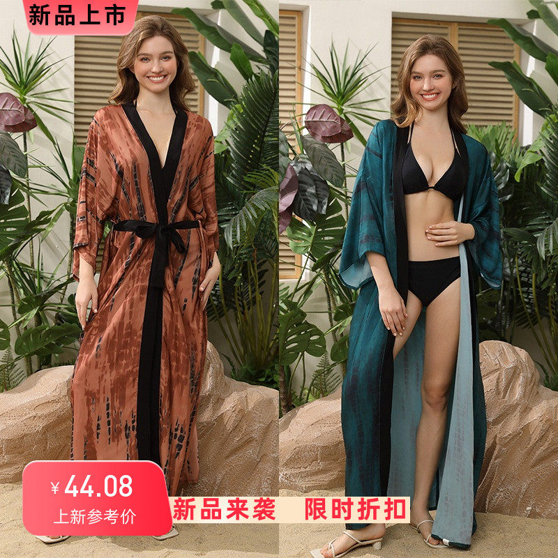 新款欧美印花中长款沙滩防晒衣宽松大码开衫女比基尼泳衣外搭