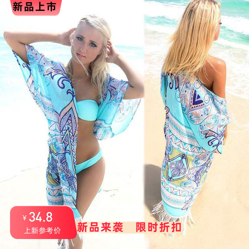 欧美流苏沙滩衣比基尼外罩衫雪纺开衫印花泳衣裹裙女外套披纱
