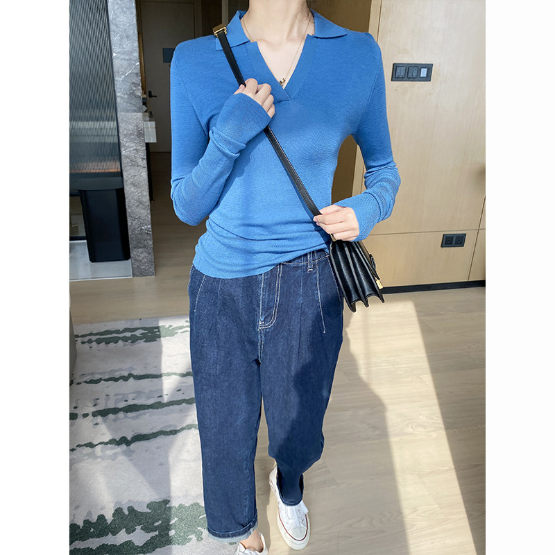 新澳高支羊毛polo领针织衫女法式小翻领修身上衣长袖内搭女打底衫