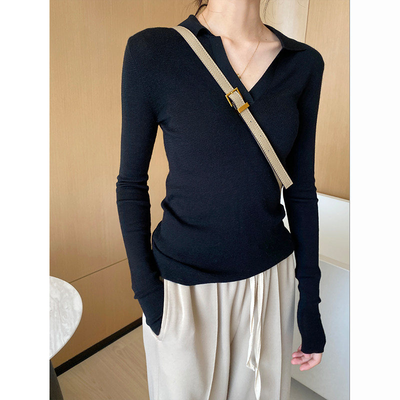 美丽诺羊毛打底修身v领针织衫早秋女装气质polo衫女内搭长袖上衣