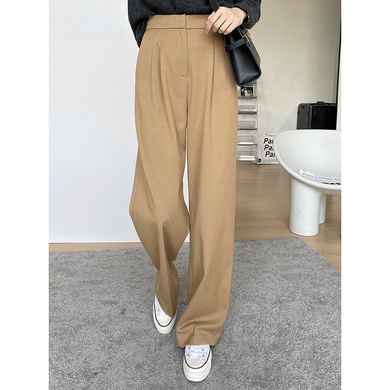 直筒拖地裤女小个子卡其色裤子2022新款女装阔腿裤高腰垂感西装裤