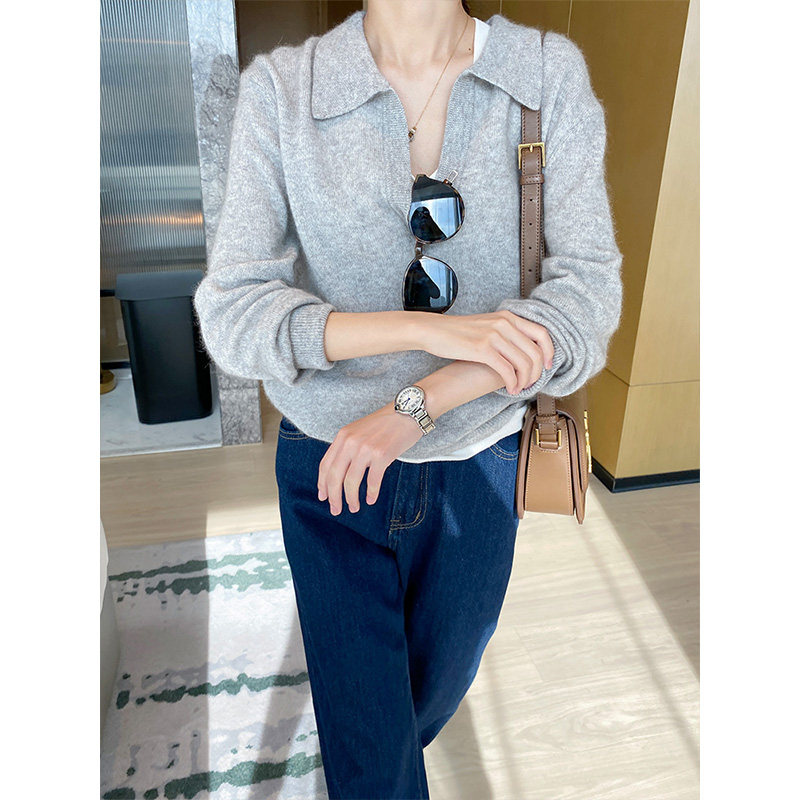 高级感v领灰色毛衣女慵懒polo领上衣软糯翻领针织衫套头毛衫早春