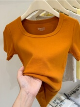 南瓜色方领短袖t恤女夏季2025新款欧货黄色半袖高级修身短款上衣
