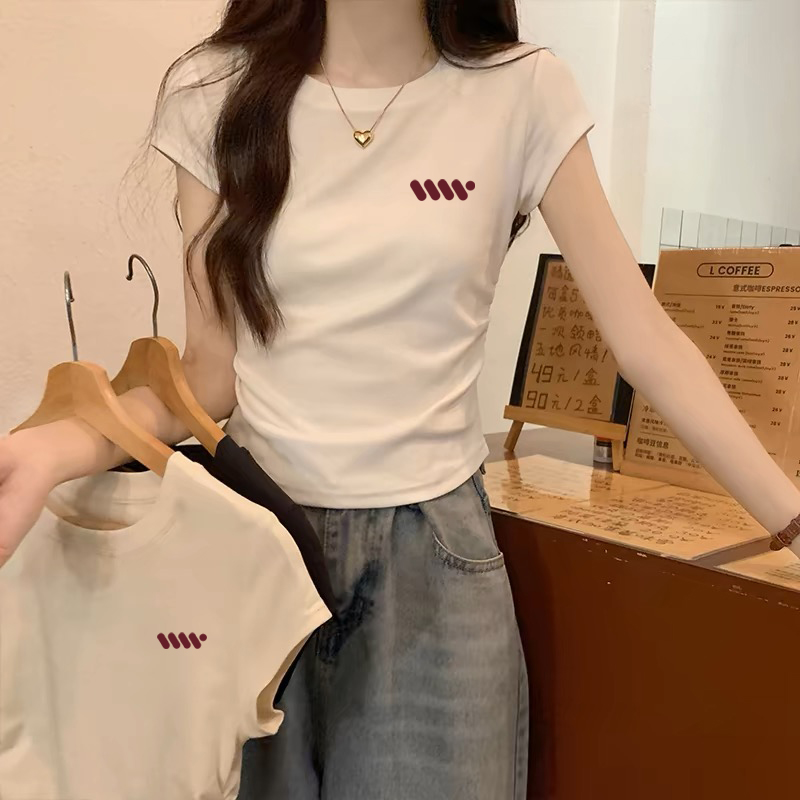 欧货白色短袖t恤女装夏季2025新款褶皱修身别致高级短款半袖上衣