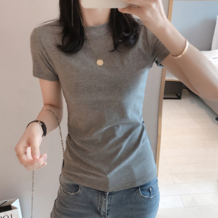 欧货灰色正肩短袖t恤女士2025夏季新款纯棉半袖高级修身短款上衣