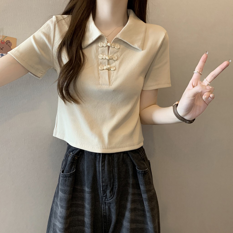 polo短袖t恤女装夏季2025新款修身短款新中式盘扣高级感半袖上衣