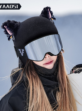 滑雪头盔套毛线软盔雪帽雪盔辫子头套雪帽猫耳朵装饰头盔罩女帽子