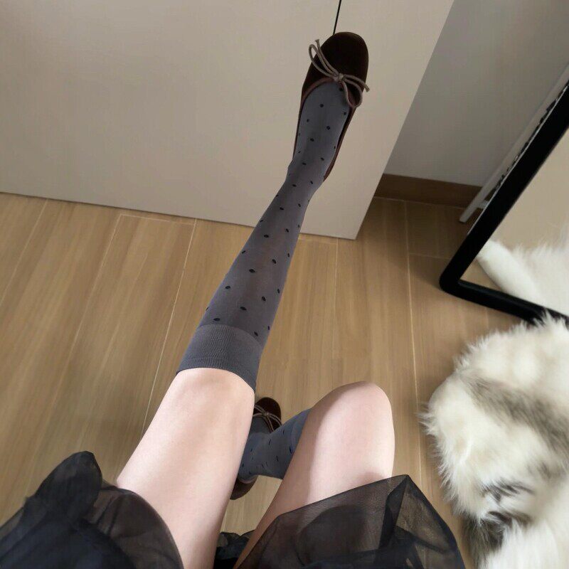 PIGGY波点走秀款小腿袜灰色高级感春夏季薄款ins韩系显腿瘦黑长袜