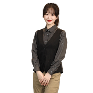服务员工作服长袖秋冬装女咖啡西餐厅KTV酒吧夜场马甲衬衫假两件