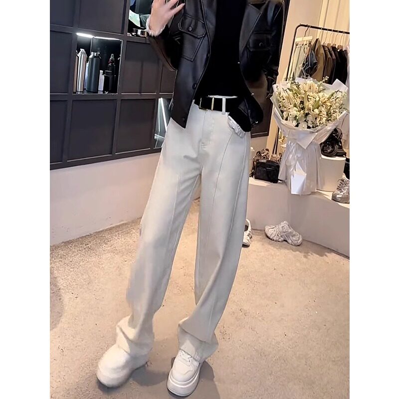 弯刀牛仔裤女阔腿裤白色2025春秋新款高腰小个子宽松直筒哈伦裤子