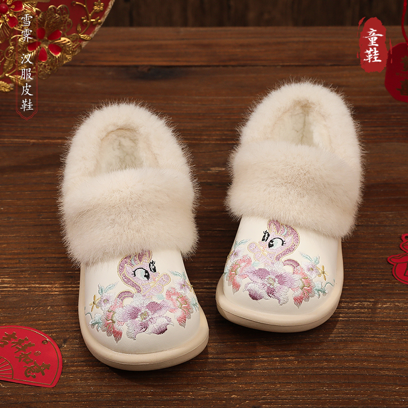 汉服鞋女童雪地靴冬季新款儿童大棉鞋加绒短靴靴子女宝保暖棉靴